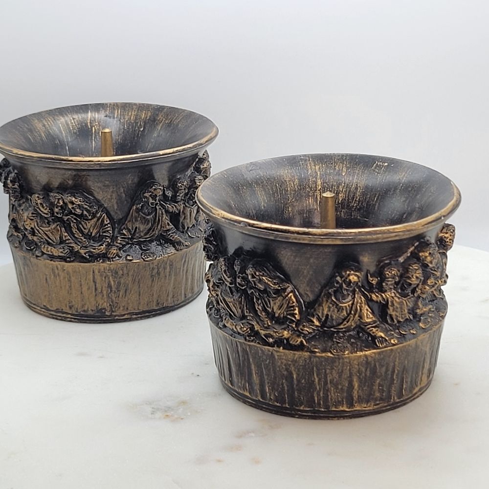 Vaticano | Vintage Last Supper Scene Candle Holder Set of 2 Bronze-Tone
